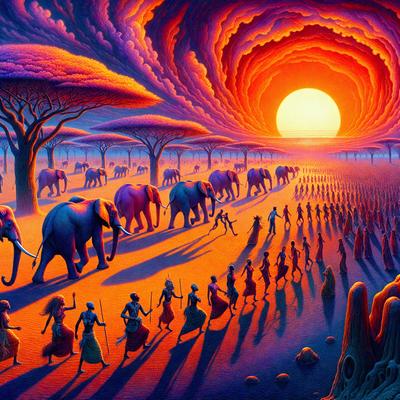 The primary subject of the image is a group of elephants walking together in a line. The setting is a desert landscape, with a sunset in the background. The visual style is a digital art or illustration, creating a vibrant and colorful scene. The dominant colors are orange and red, giving the image a warm and lively atmosphere.